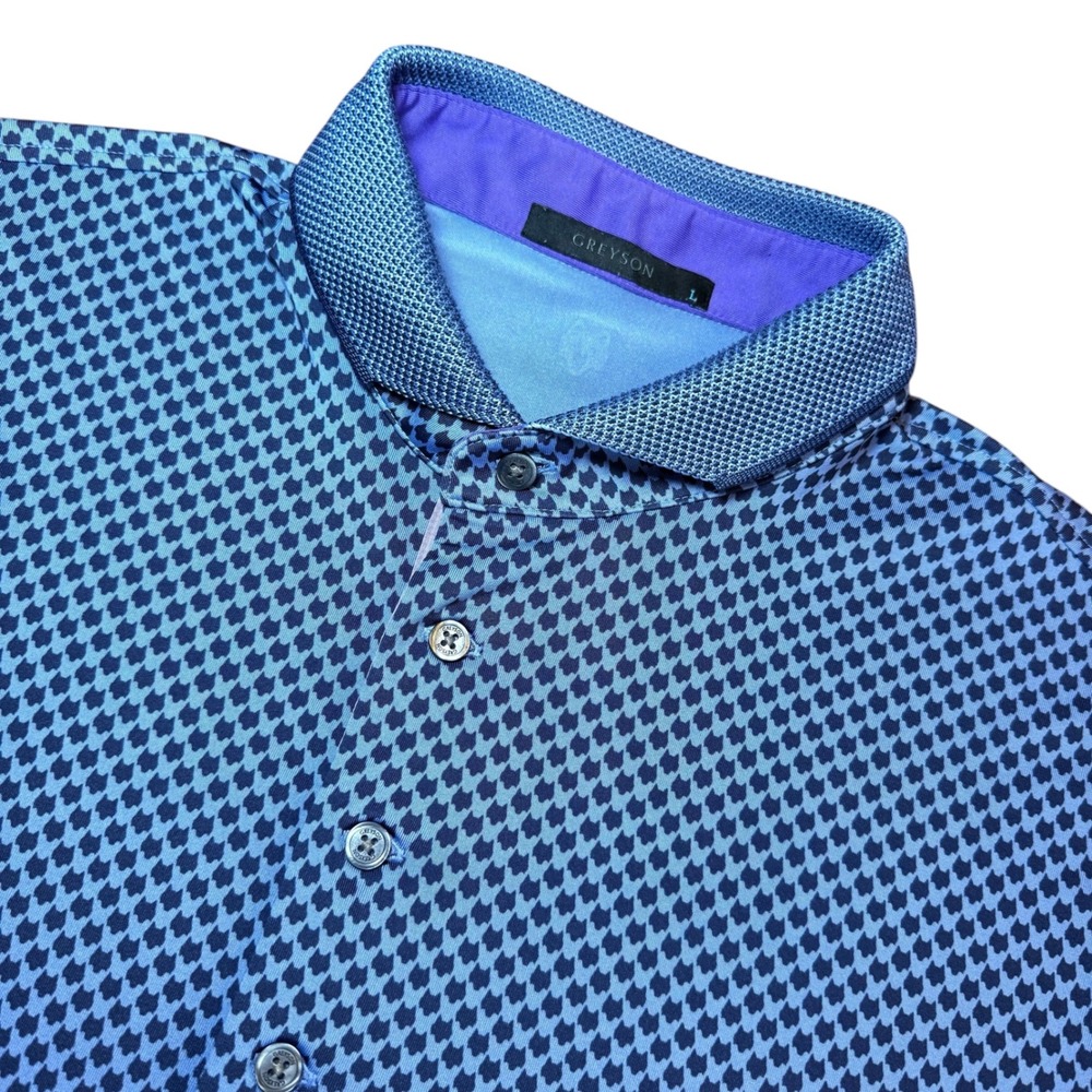 Greyson Mens Large Wolf Head Print Golf Polo Shirt Blue Short Sleeve Performance